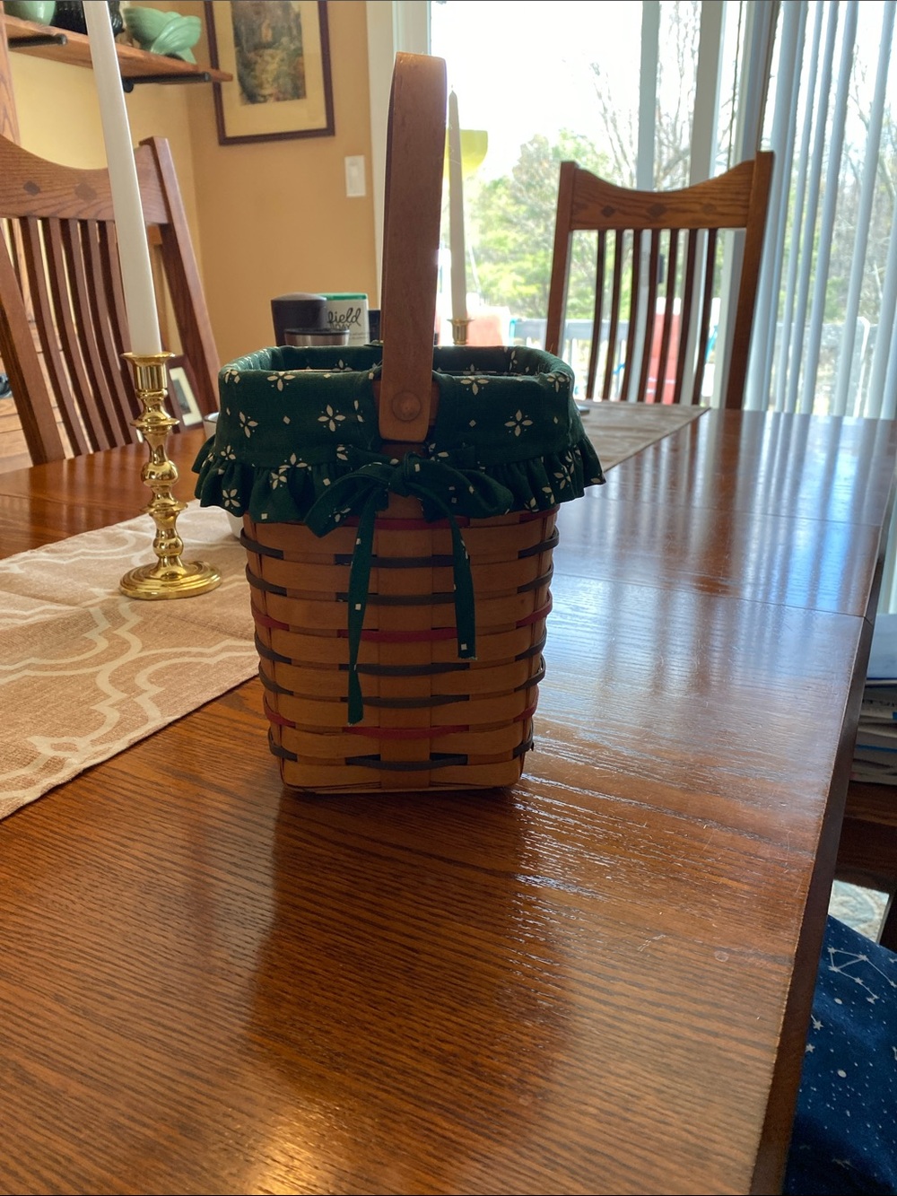 Longaberger Peg Basket with Green Fabric and plastic Liner